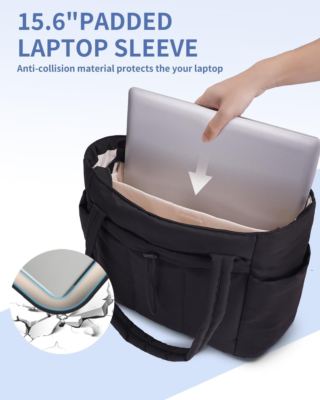 Polstret puffer-taske med kopholder og laptoplomme til rejser og arbejde