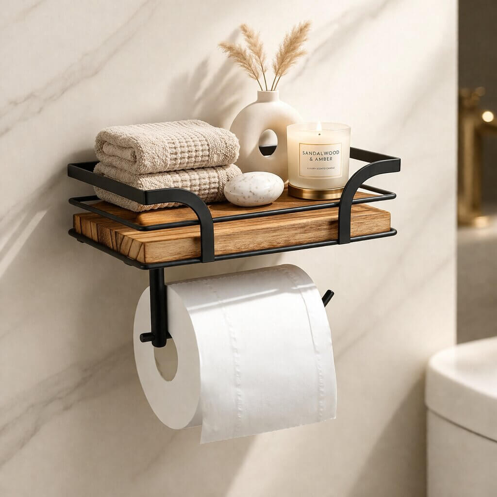 Sort metalholder med træhylde monteret på marmorvæg, med toiletrulle nedenunder og håndklæder, vase og duftlys pænt stillet på hylden. 1
