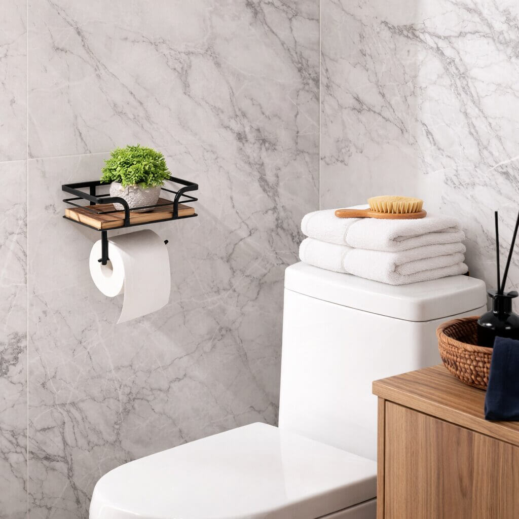 Holderen set på afstand på en grå marmorvæg over et toilet, med en lille grøn plante på hylden. 3