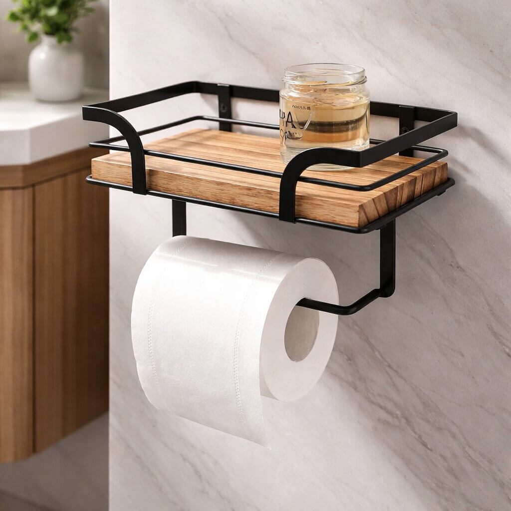 Tæt på træhylden med sort metalramme, med et lille glas med honninglignende indhold på hylden og en toiletrulle under. 5