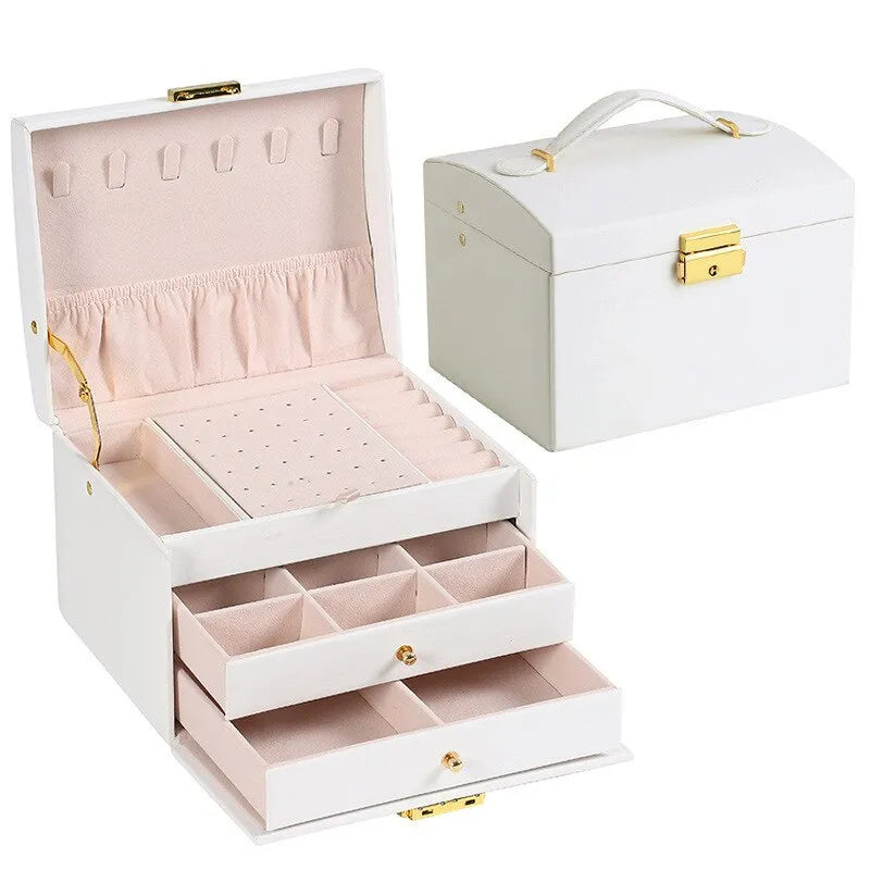 Weiße Schmuckbox mit Schloss, Leder, mehrstöckig, Aufbewahrung für Ringe, Ohrringe, Halsketten.